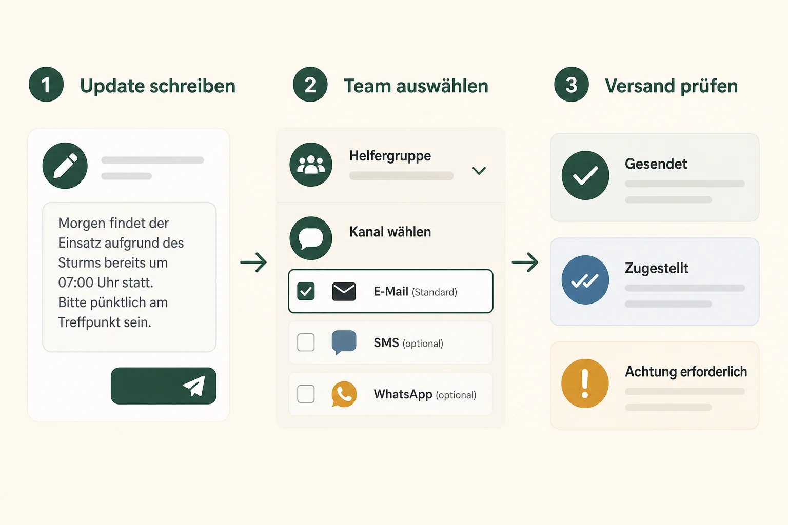 CrewIO Ablauf: Event-Update schreiben, Helfergruppe und Kanal wählen und den Versandstatus prüfen
